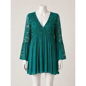Loft Teal Green Crochet Lace V-Neck Babydoll Dress Long Bell Sleeve Boho Mini